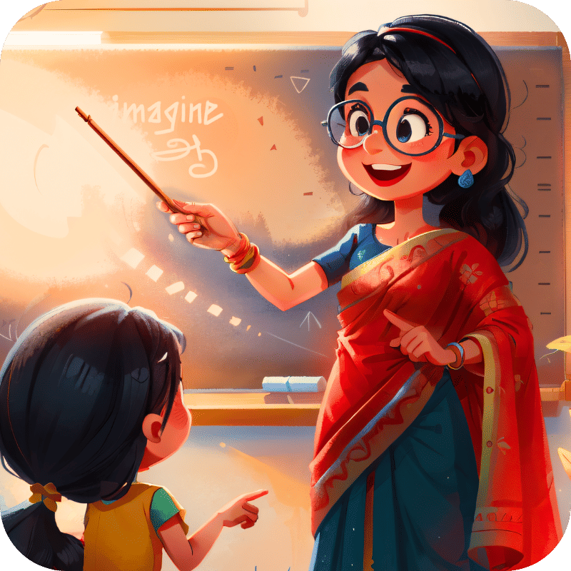 Tamil teacher in saree teaching a young girl in class, showing pictures and interactive Tamil learning for kids