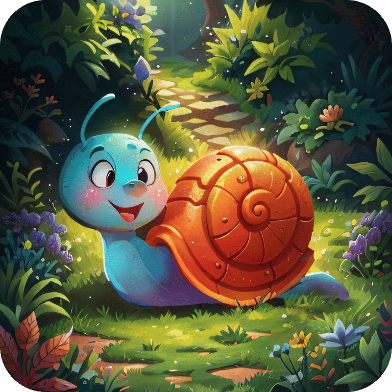 Cartoon snail in a forest, showing that kids can learn Tamil at their own pace with Imagine Tamil