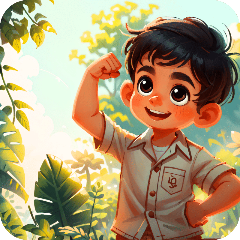 Smiling Tamil boy flexing his arm, showing how Imagine Tamil builds confidence in kids through fun Tamil learning