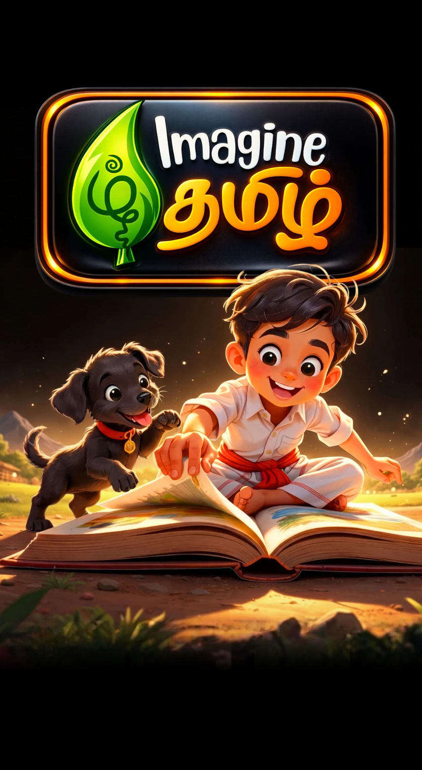Thambi and Kutti reading a glowing book in the Imagine Tamil hero illustration