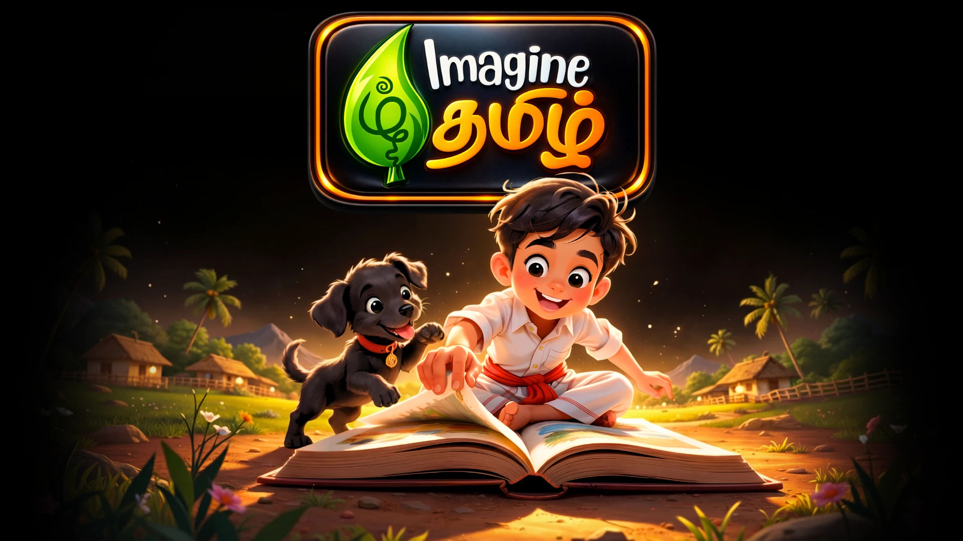 Thambi and Kutti reading a glowing book in the Imagine Tamil hero illustration