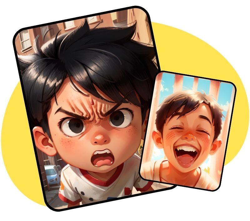 Downloadable Posters for kids showing Tamil emotions expressions, with a boy showing angry and happy emotions.