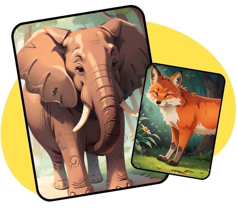 Downloadable Posters for kids to learn Tamil animal names, featuring an elephant and a fox.