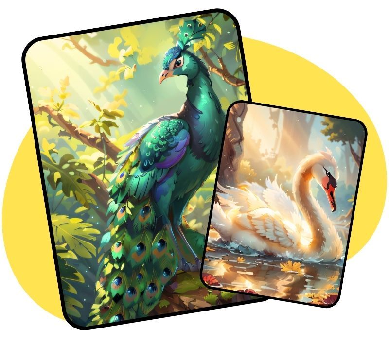 Downloadable posters for kids to learn Tamil bird names featuring a peacock and swan.