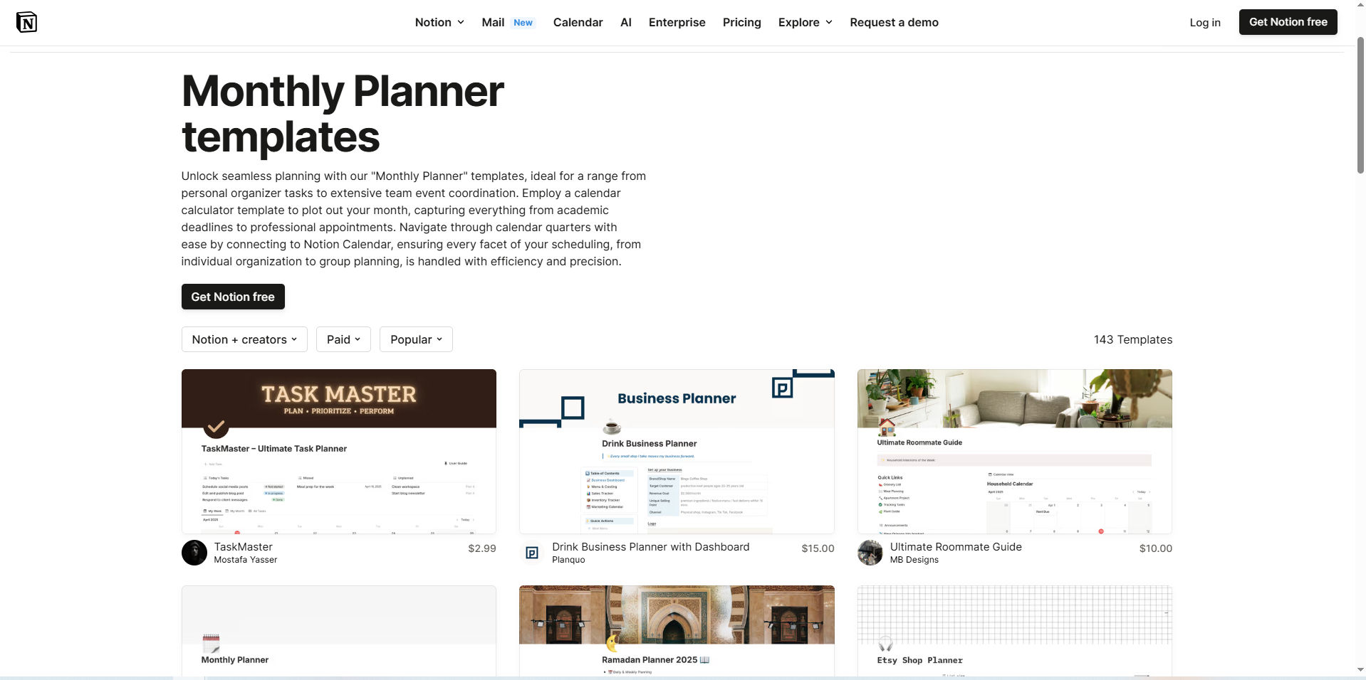 Monthly planner paid templates on Notion
