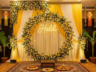 Premium Floral Ring Haldi Backdrop With Lights