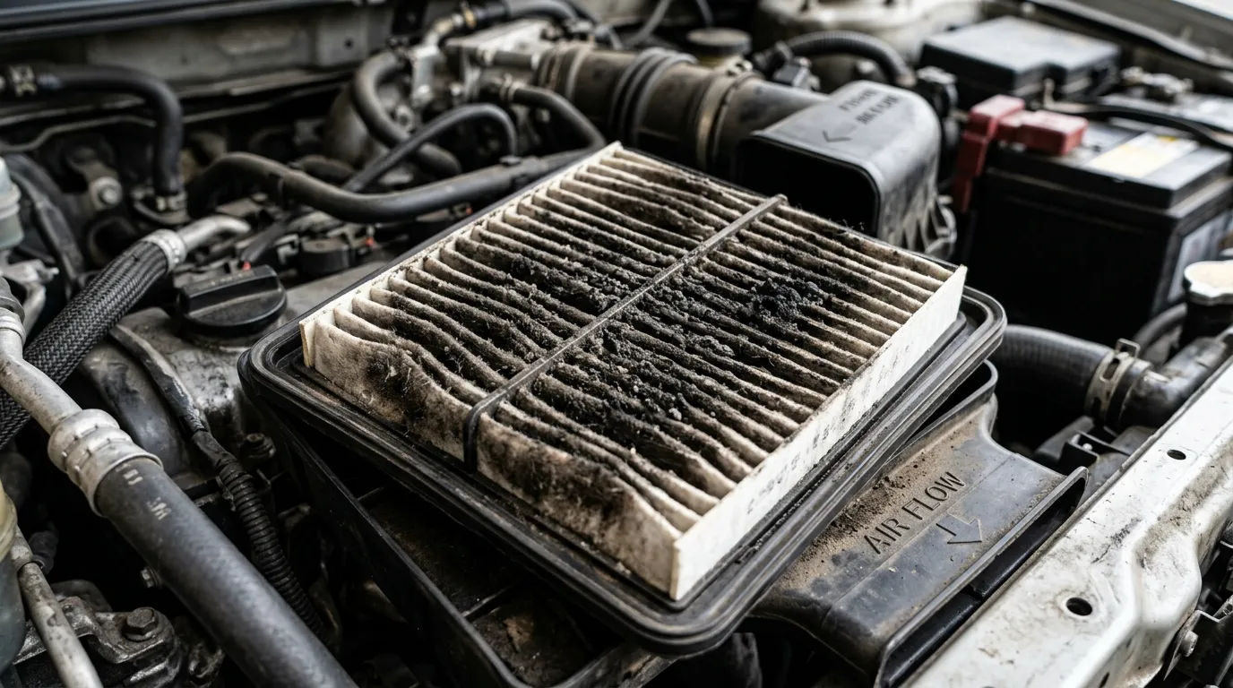 Kondisi filter udara mobil yang kotor penuh debu dan partikel hitam