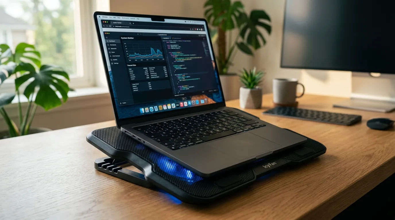 Ilustrasi laptop yang diletakkan di atas cooling pad untuk membantu pembuangan panas dari casing bawah
