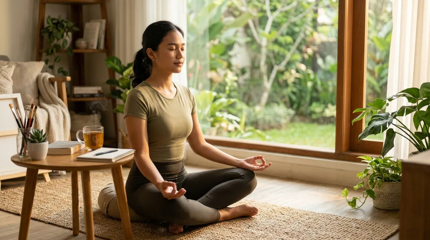 Seseorang melakukan meditasi mindfulness di pagi hari untuk ketenangan