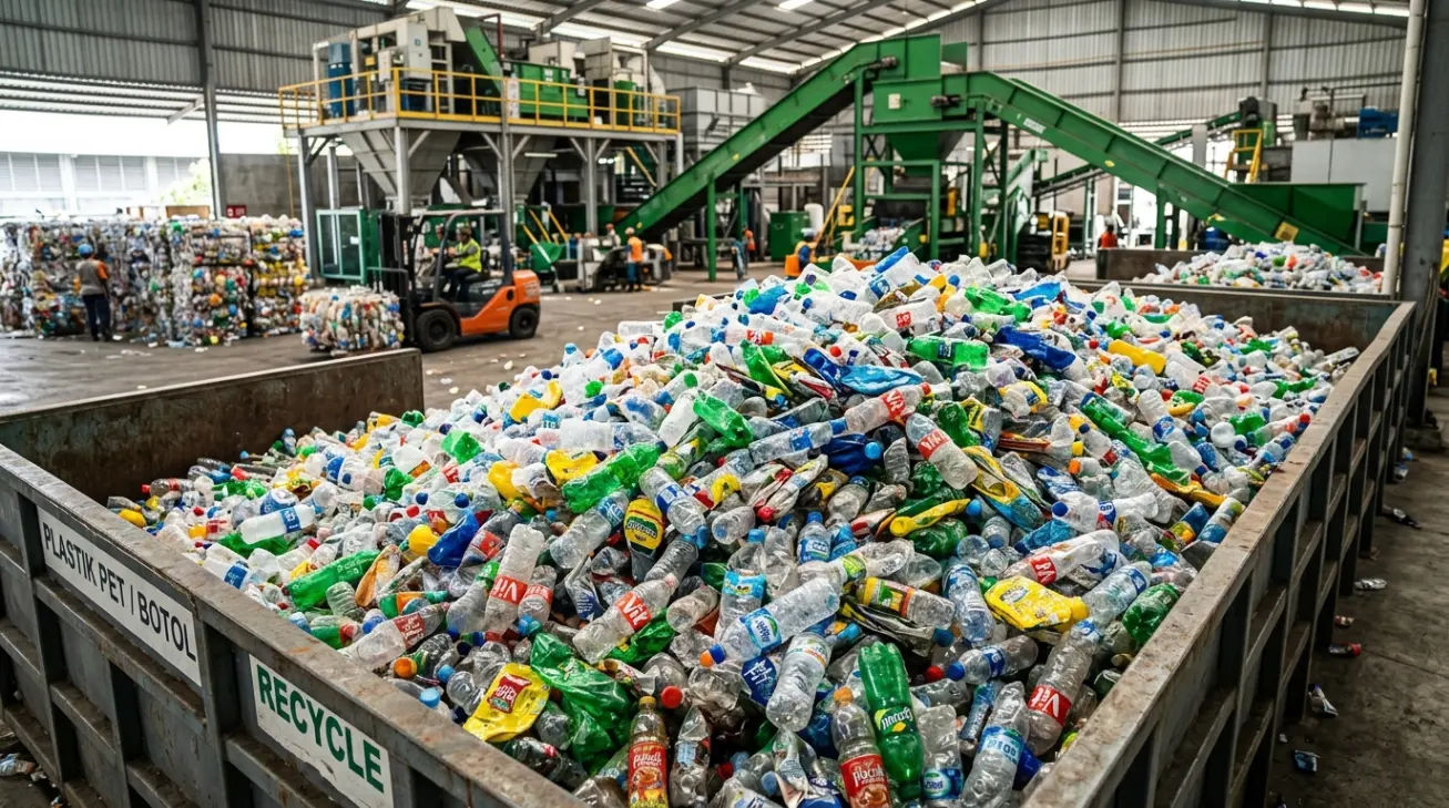 Tumpukan botol plastik yang siap didaur ulang di fasilitas pengelolaan limbah