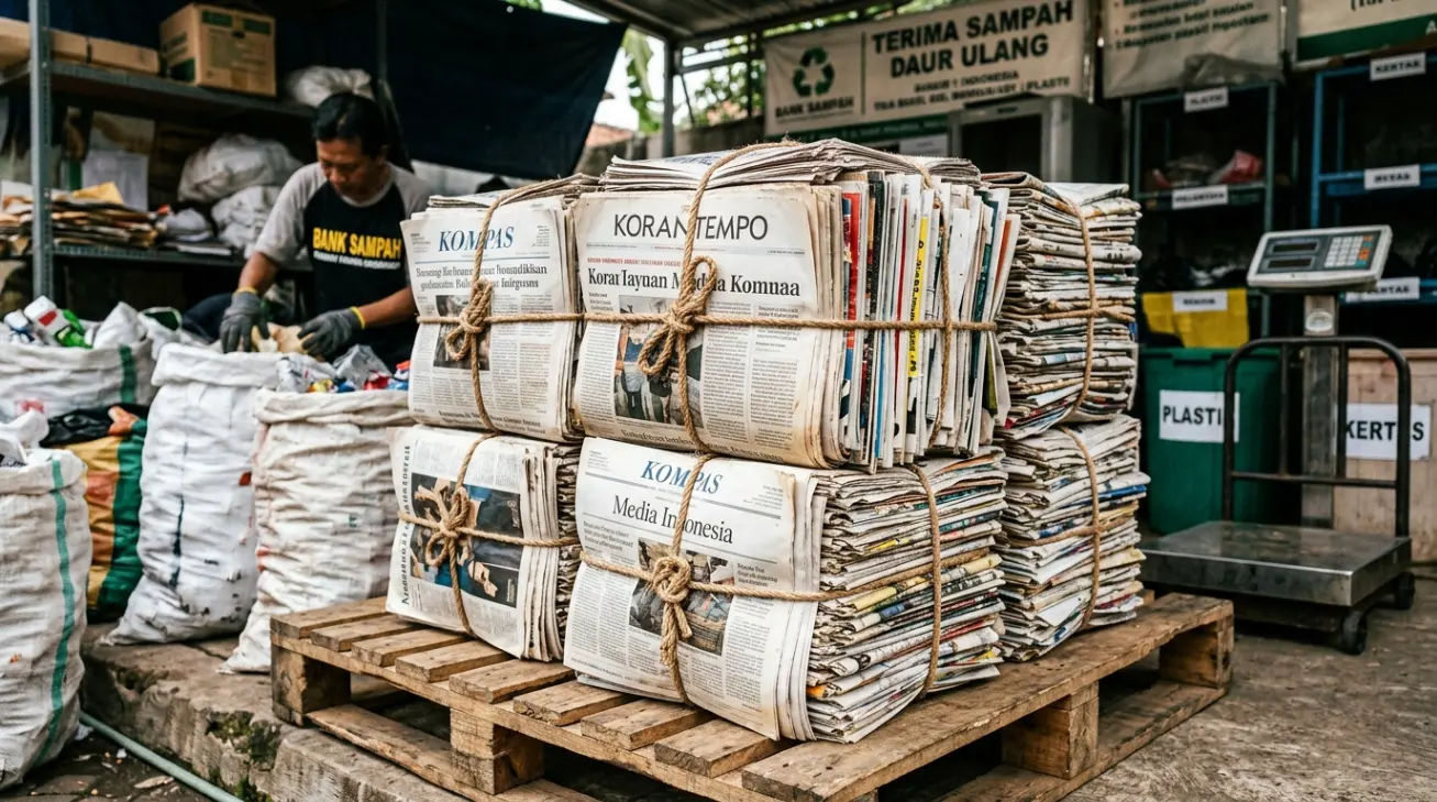 Tumpukan kertas dan koran bekas yang sudah diikat rapi untuk dikirim ke bank sampah