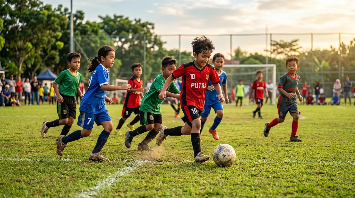 Sekelompok anak bermain sepak bola di lapangan rumput