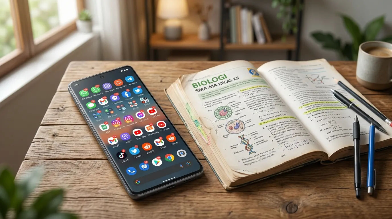 Ponsel dengan banyak notifikasi di sebelah buku pelajaran