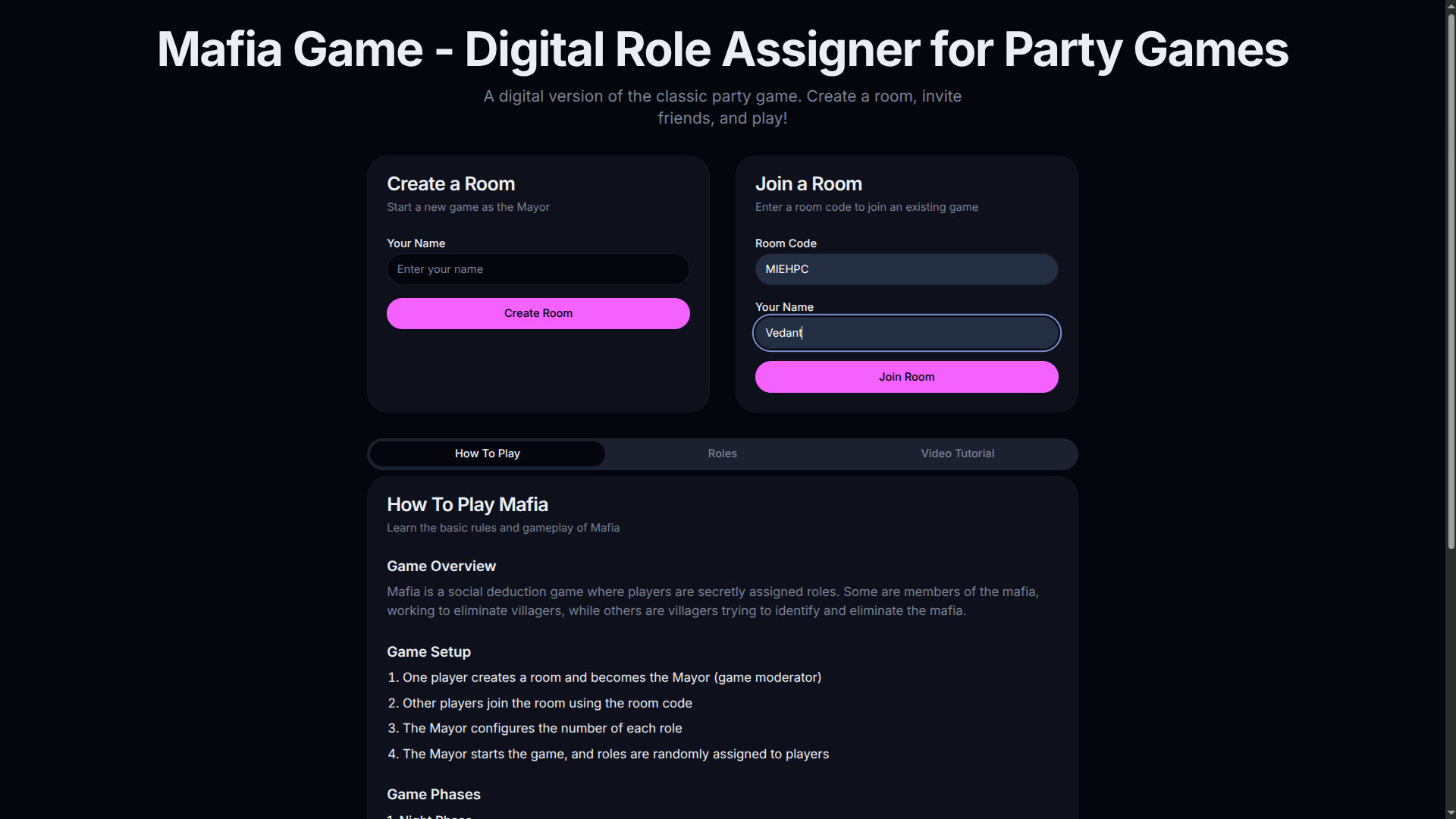 Mafia Game Landing Page