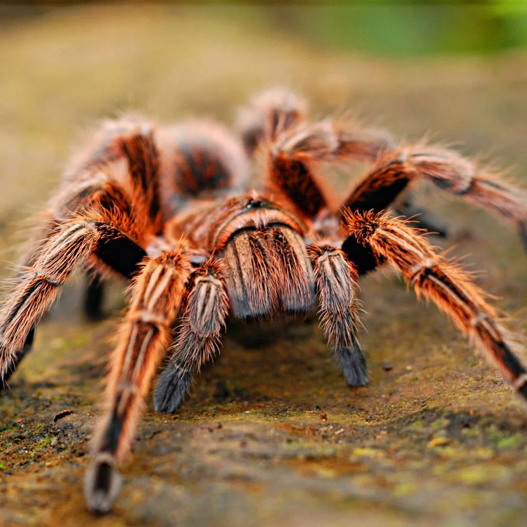 Close-up of a wolf spider on a green leaf, showcasing its natural habitat and predatory nature.