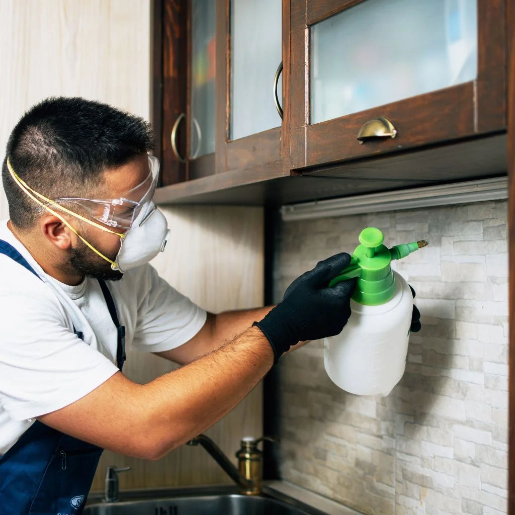 A worker in safety gear sprays disinfectant outside a building, ensuring cleanliness.