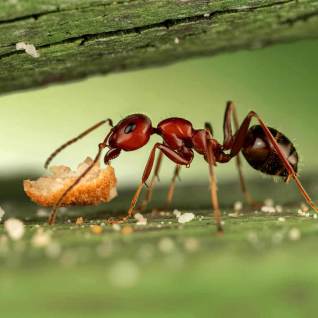 Close-up of ants exploring a textured brown surface with blurred green background.