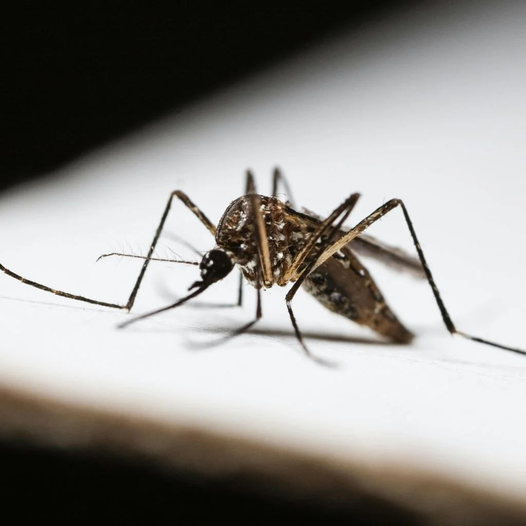 Detailed macro shot of a mosquito on human skin, highlighting nature and insect life.