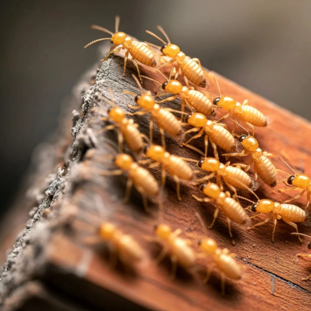 Detailed macro shot of beetles and larvae on wood, showcasing nature's complexity.