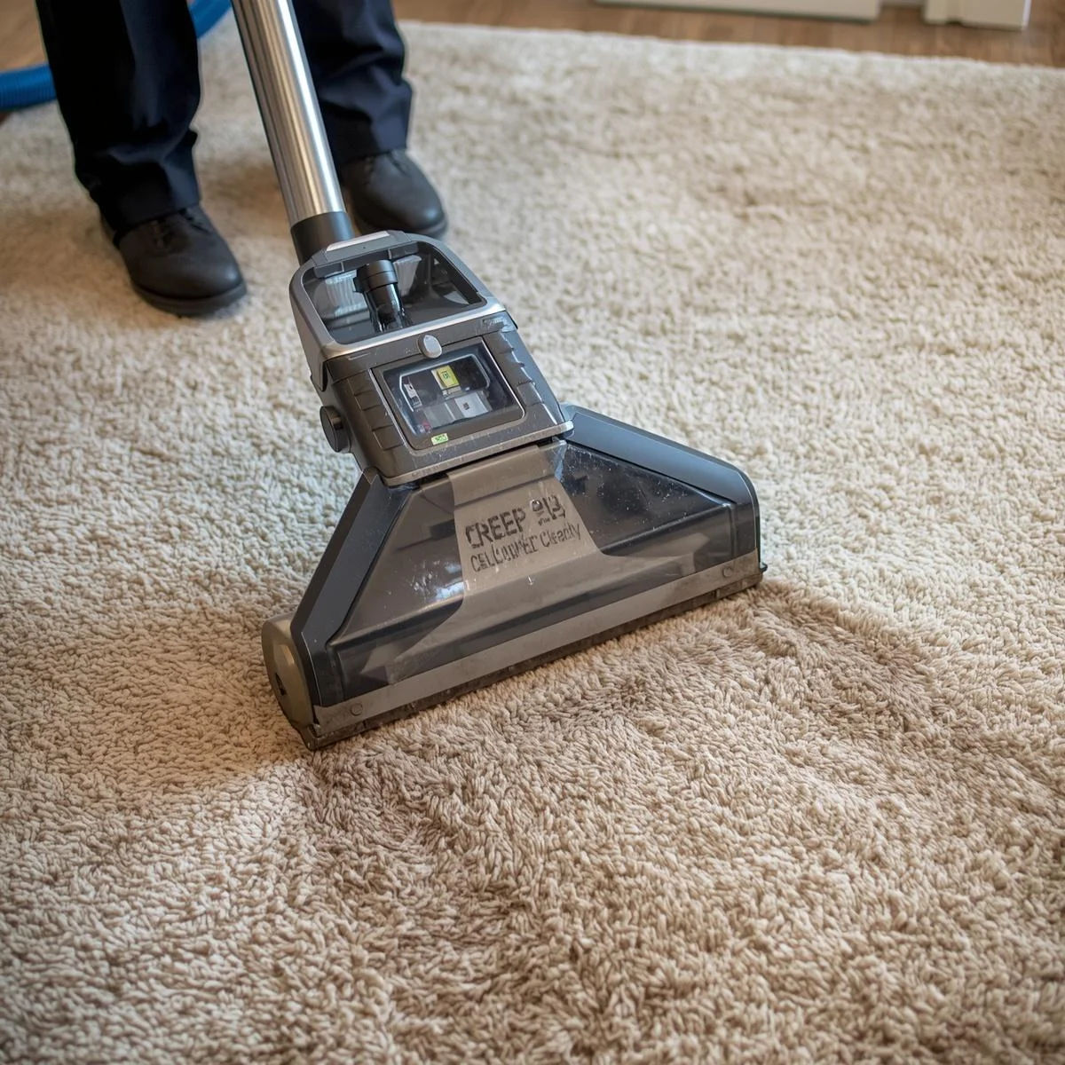 A hand in a glove using a vacuum to clean a car interior carpet, removing dirt effectively.