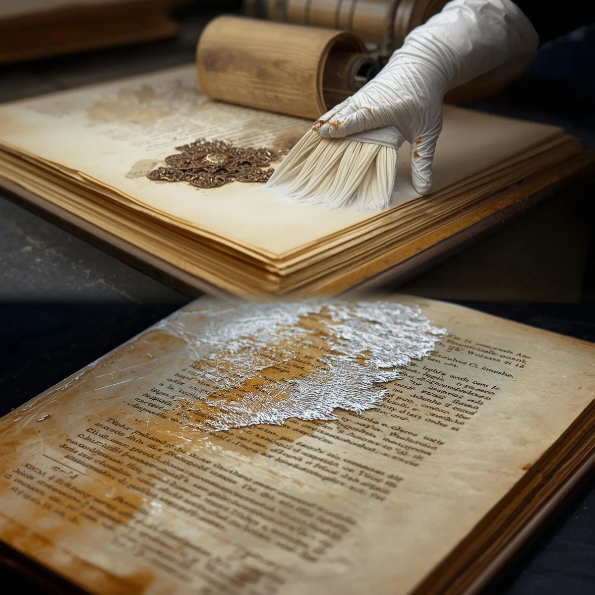 A restorer carefully working on a photograph with gloves and brush, focusing on details.