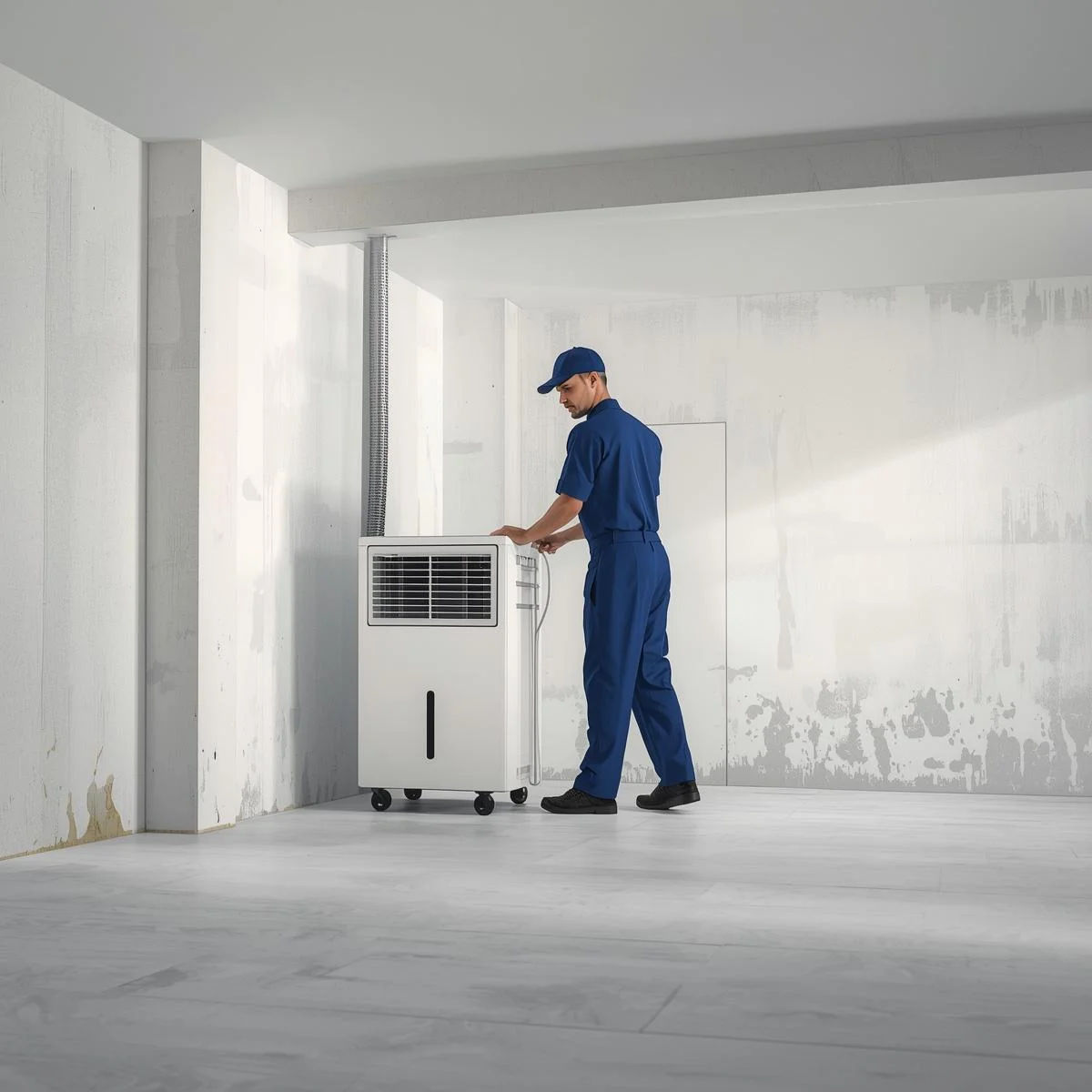 A man uses commercial washing machines at an indoor laundromat.