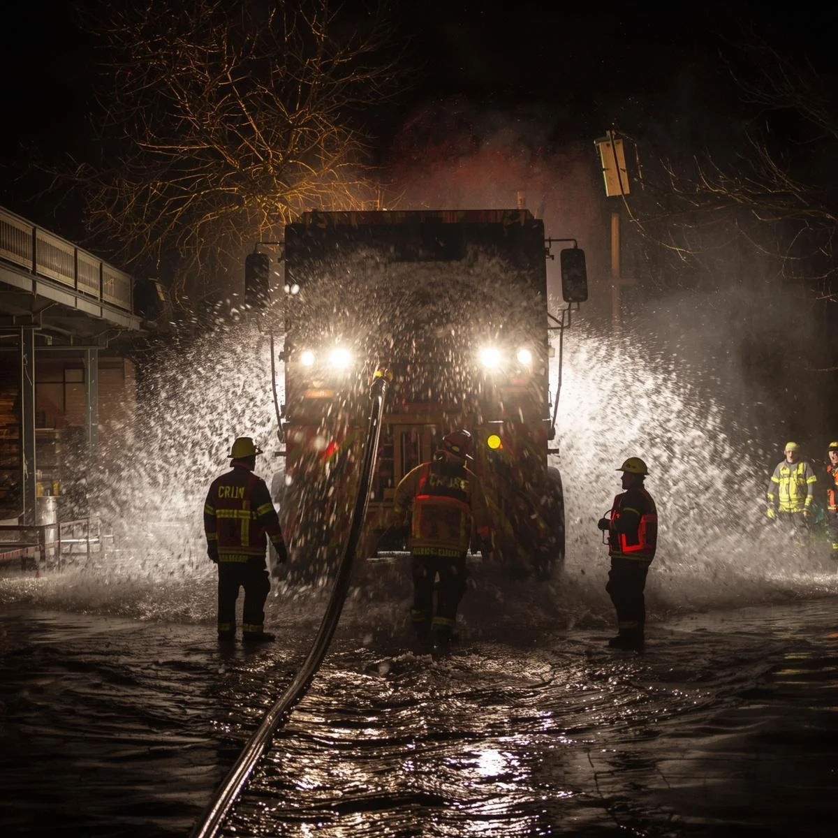 Workers wading through floodwaters near a truck, managing a city crisis after heavy rain.