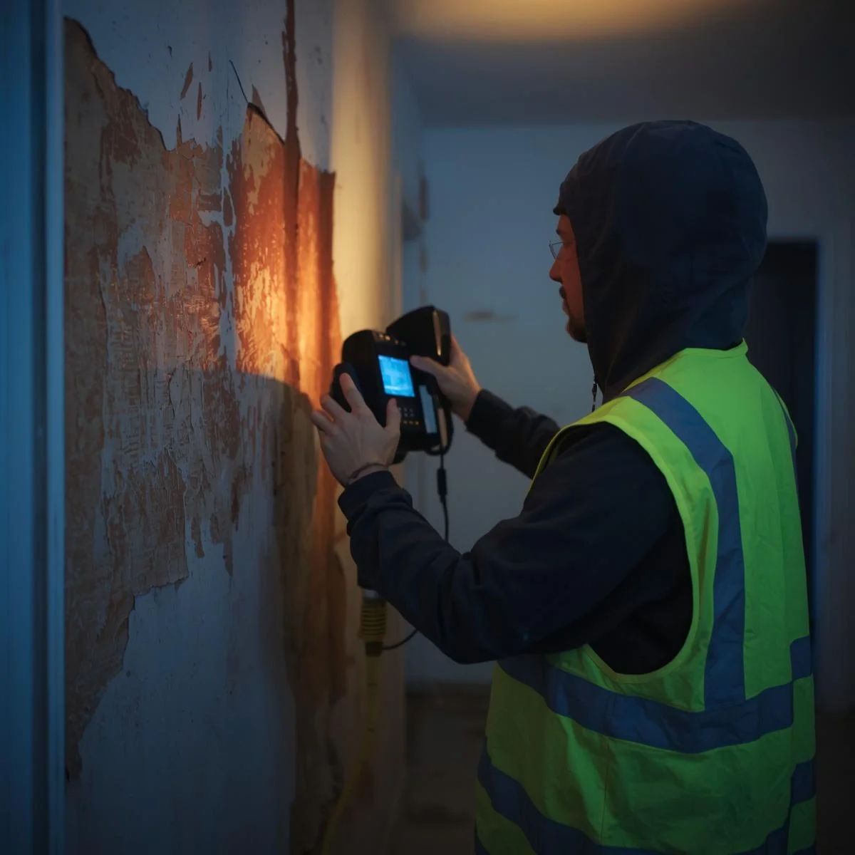 A home inspector in high visibility vest examines an electrical outlet in a modern room.