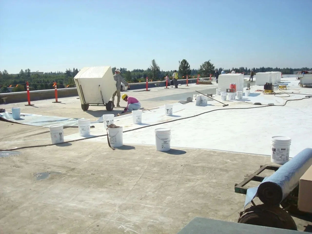 Team of workers installing solar panels on a sunny day, promoting renewable energy and sustainability.