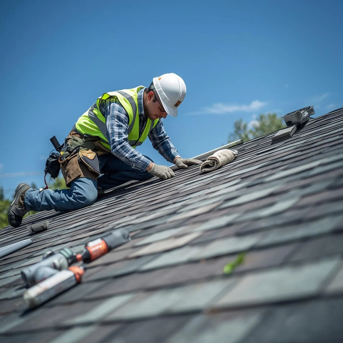 Roofers working on shingle installation on a home in Fort Worth, Texas under blue skies.