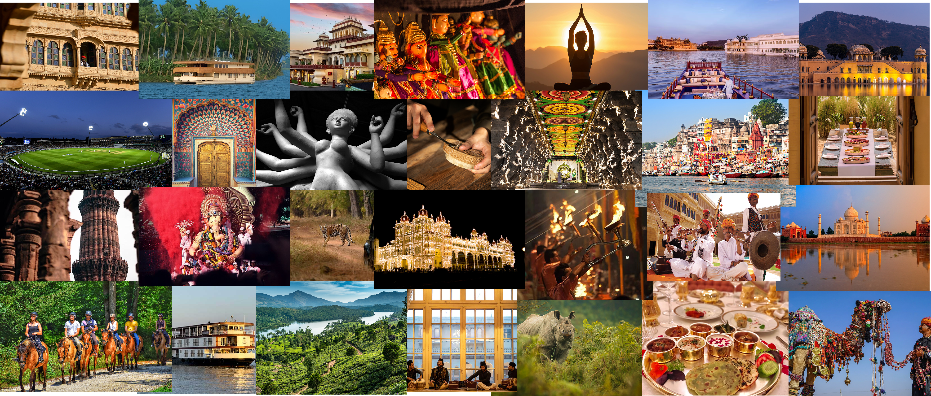 Collage of India's diverse destinations including heritage sites, wildlife, culture, and natural landscapes