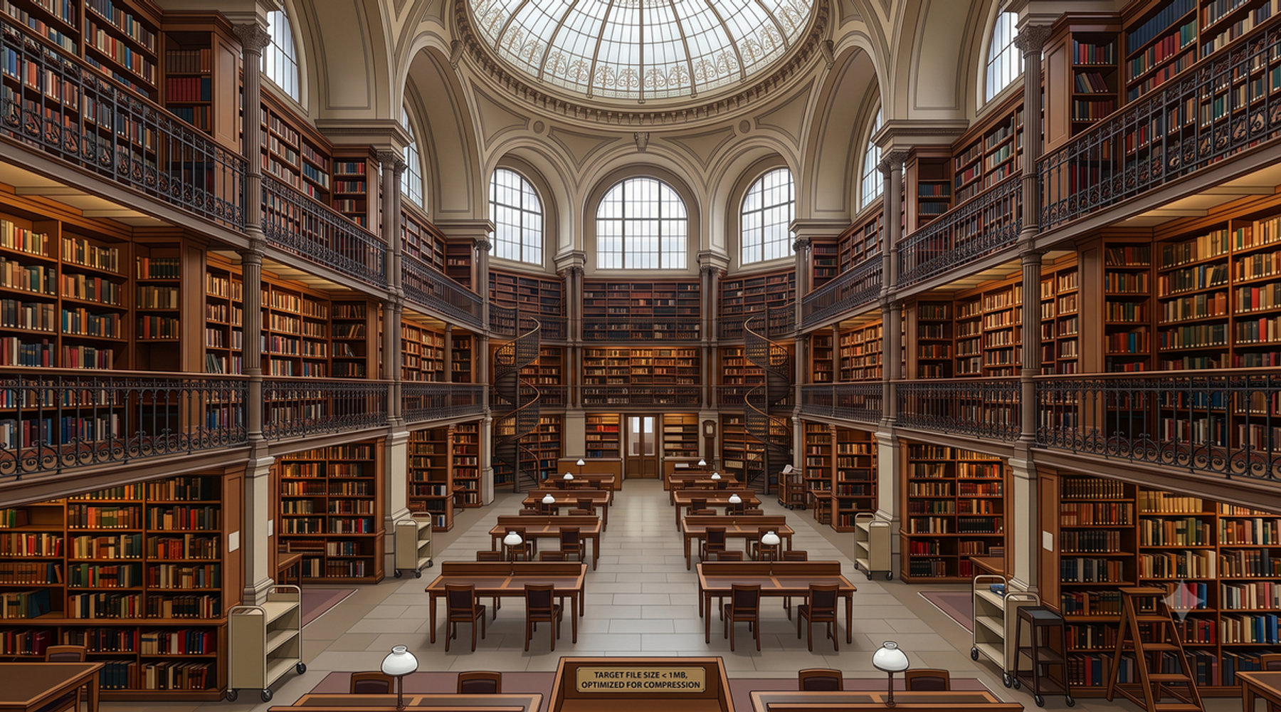 Library interior with wooden bookshelves