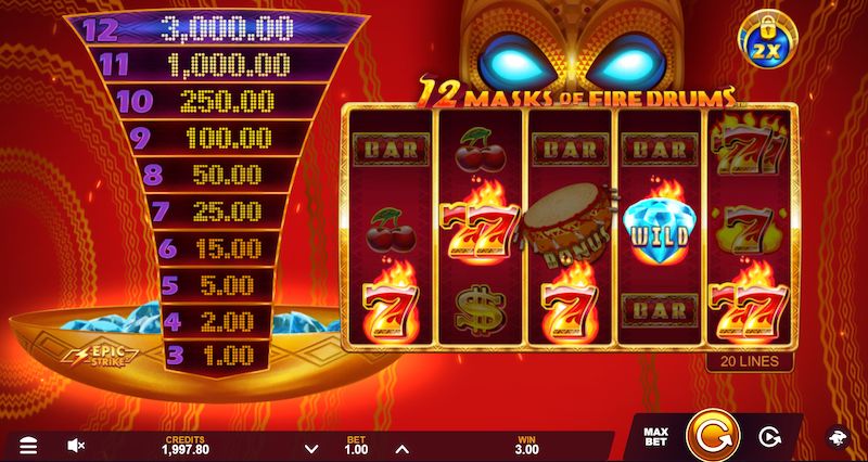 12 masks of fire drums slot game mrq online casino african mask jackpot 7s wild gems