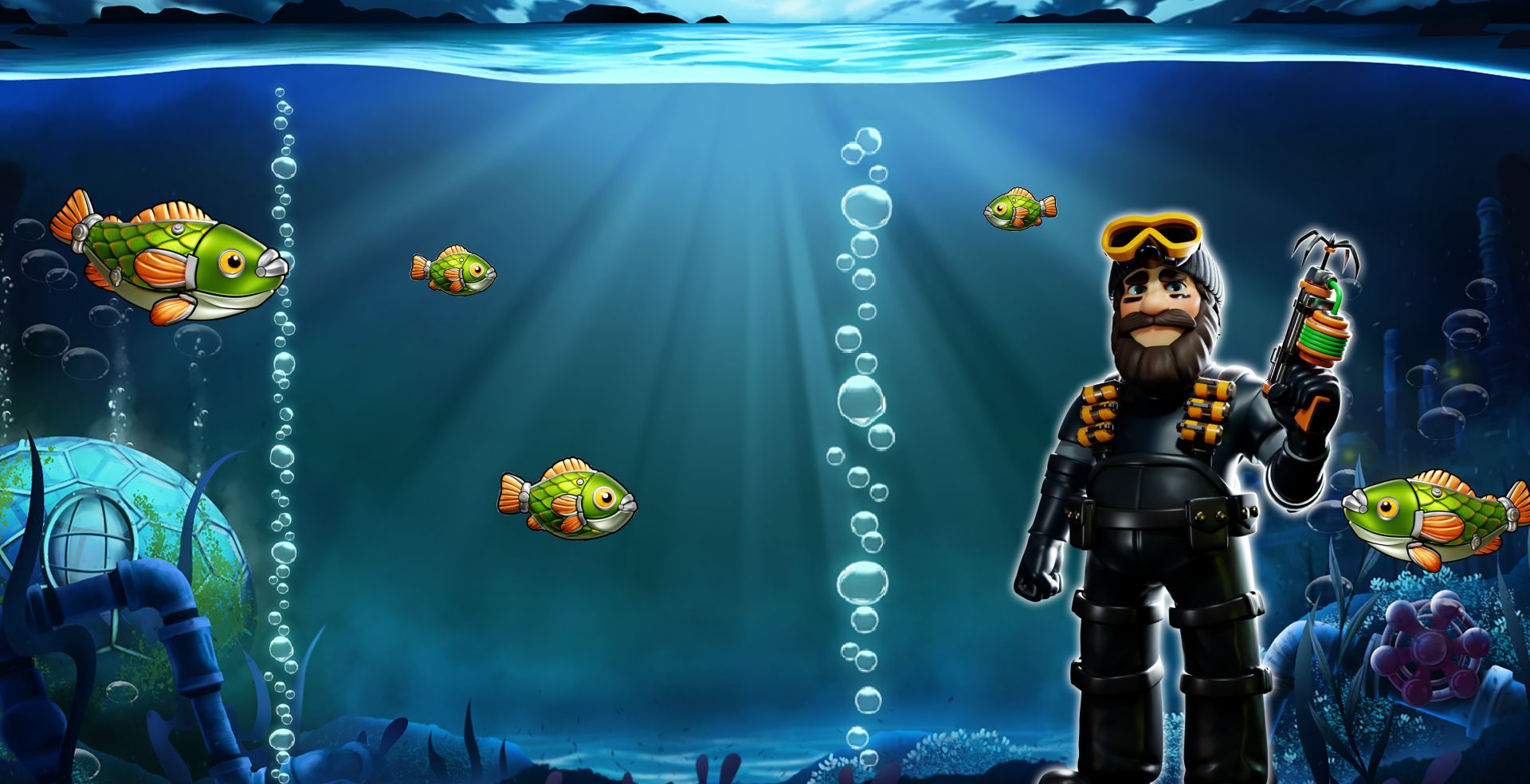 Big Bass Mission Fishin' slot game online underwater fisherman graphic bubbly