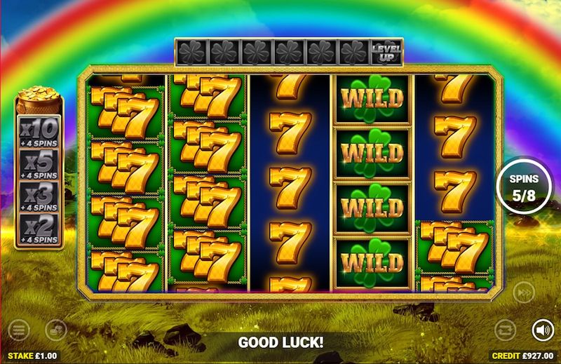 Luck o' the Irish online slot game MrQ slot reels rainbow design wild symbols