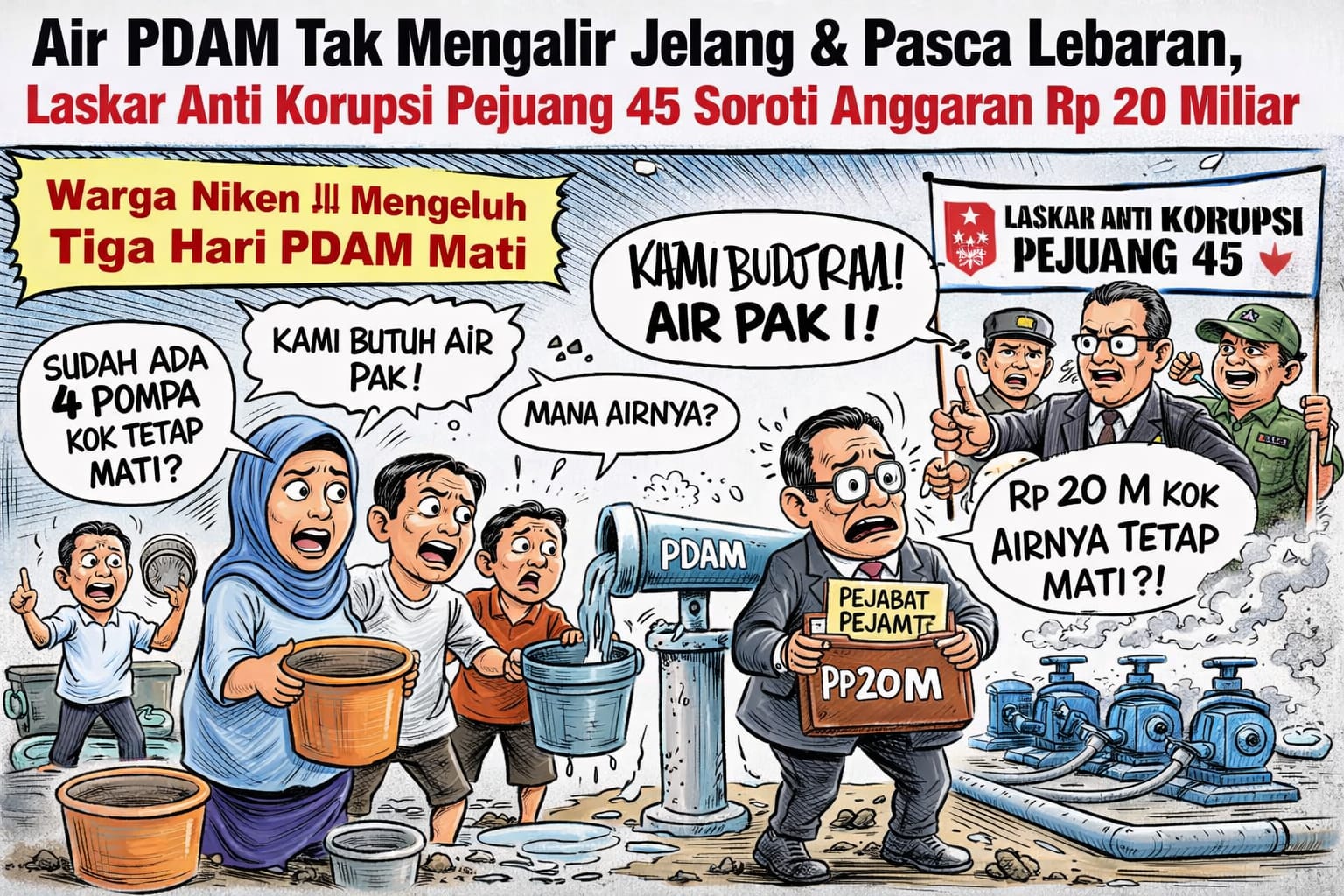 Air PDAM Tak Mengalir Jelang & Pasca Lebaran, Laskar Anti Korupsi Pejuang 45 Soroti Anggaran Rp.20 Miliar