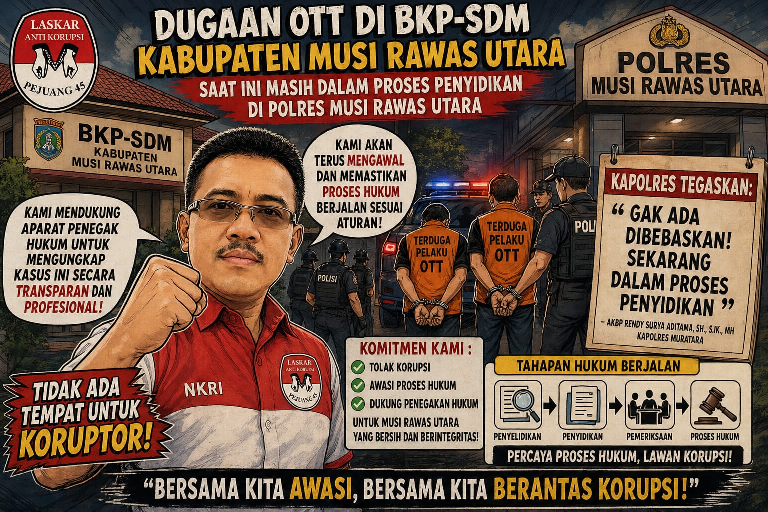 Laskar Anti Korupsi Pejuang 45 Angkat Bicara Soal Isu OTT BKP-SDM Muratara, Desak Transparansi dan Tegas Kawal Proses Hukum.