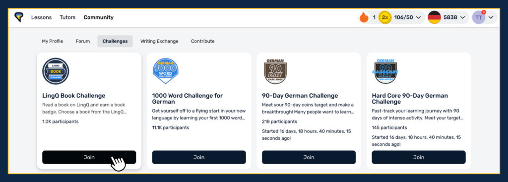 A screenshot showing how to join LingQ's book challenge