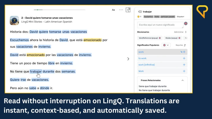 A screenshot showing how to read on LingQ and learn vocabulary more naturally