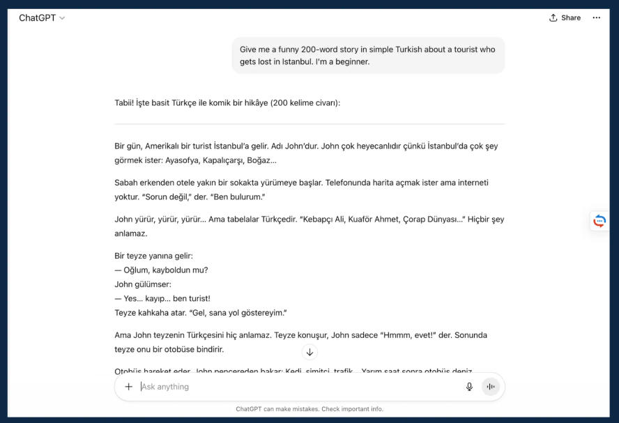 Example ChatGPT prompt, learn Turkish