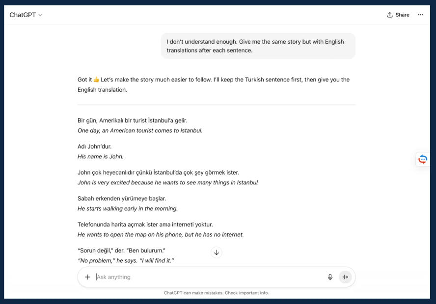 How to learn Turkish with ChatGPT screenshot