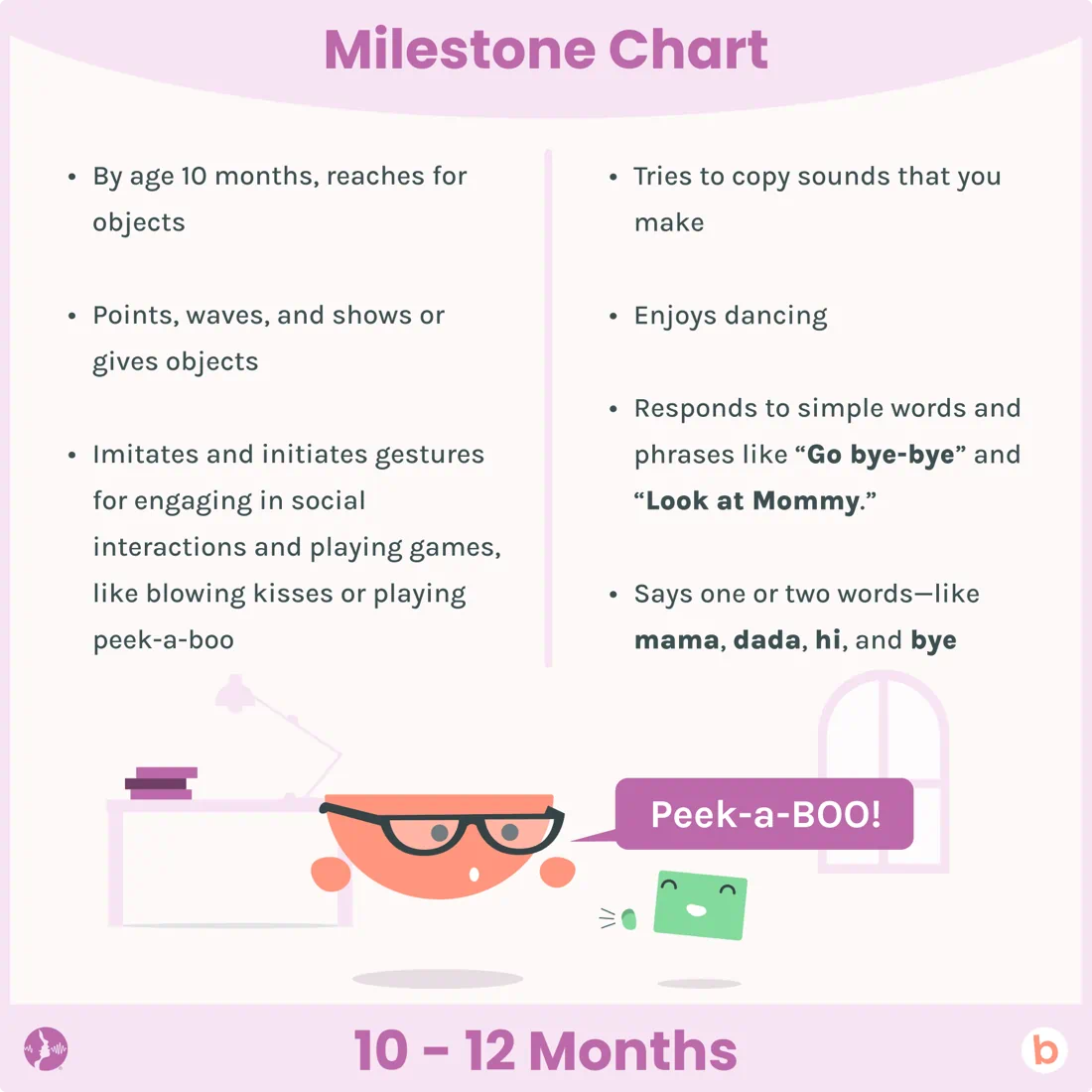 A speech language development milestone chart for babies age 7-12 months. The milestones are listed, and there is a graphic of a parent playing peek-a-boo with a child.