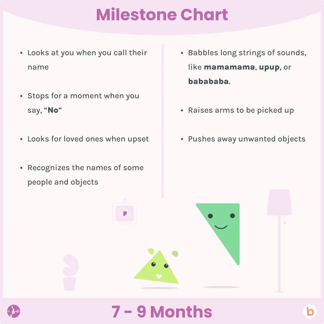 An updated speech language development milestone chart for babies age 9-6 months. The milestones are listed, and there is a graphic of a baby raising her arms to her mom, showing non-verbal communication of needs