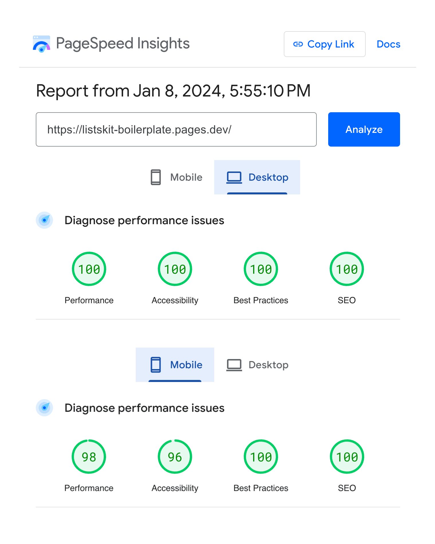 Screenshot of Google Lighthouse scores for Lists Kit template