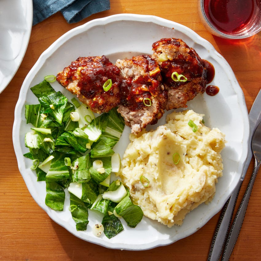 Soy Glazed Meatloaves with Wasabi Mashed Potatoes & Roasted Carrots