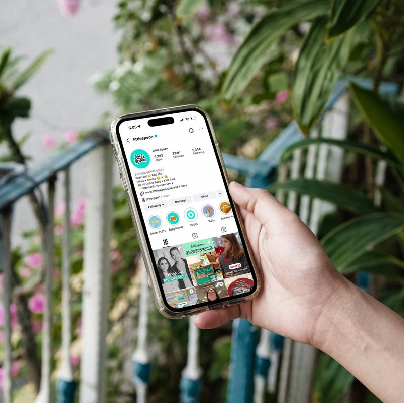 Photo of iPhone in hand with Little Spoon Instagram profile open on screen.