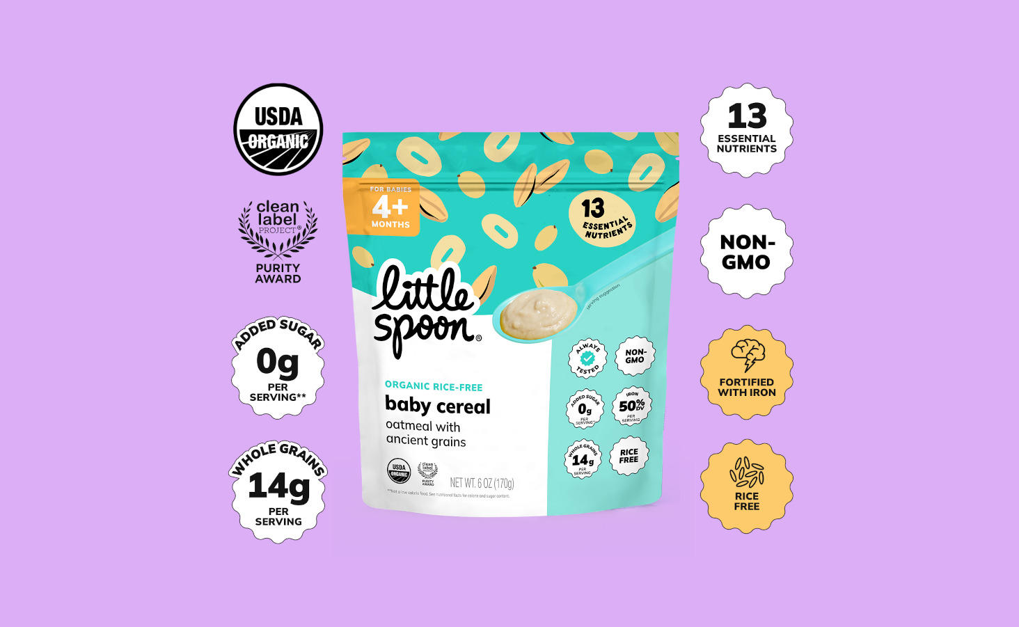 Little Spoon Organic Oatmeal baby cereal packaging on a light blue background, labeled for 4+ months with benefits like USDA Organic, 0g added sugar, 14g whole grains, and allergen-free.