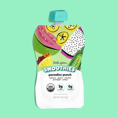 One Little Spoon smoothie pouch on a green background