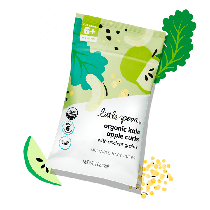 Organic Kale Apple Curl bag with illustrations of an apple slice, kale leaf, quinoa, and sorghum