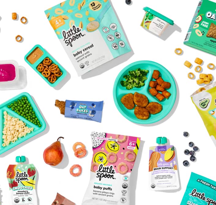 Little Spoon products including baby cereal, baby puffs, smoothies, oat bakes, plates, and blends.